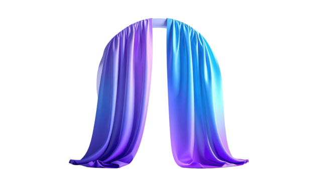 Purple-blue drapes arched over white frame against black. Cloth hangs elegantly, gradient light
