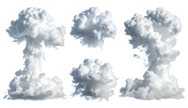 Four billowing white cloud formations on a transparent black background, fluffy & voluminous