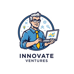 A businessman with glasses and gray hair holds a laptop in a round blue background