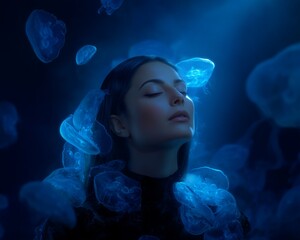 Philosophical art expression - Dreamlike Portrait of Woman Among Glowing Jellyfish in Blue Light - creative theme