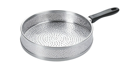 Metal pan with perforations & black handle, isolated against dark background; circular design pattern on the base