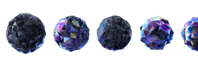 Row of polygonal orbs. Dark and colorful facets reflect light, creating iridescent patterns on a stark black background