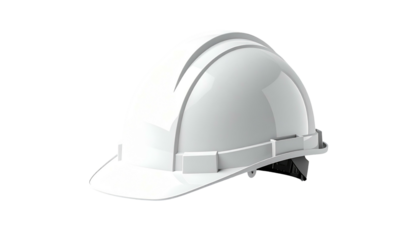 Glossy white construction helmet angled right, with ventilation ridges, and a clear shadow on a black background