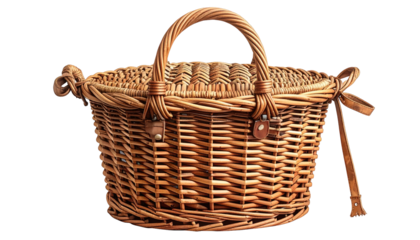 Woven wicker basket with a lid and carrying handle, sitting against a black backdrop in a warm, rustic style