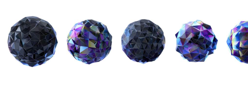 Row of polygonal orbs. Dark and colorful facets reflect light, creating iridescent patterns on a stark black background