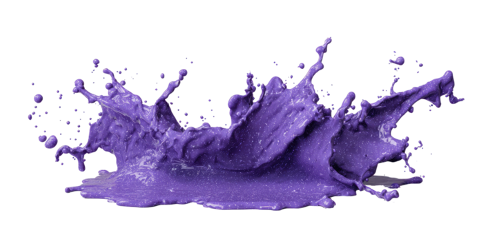 Isolated splash of vibrant purple liquid suspended mid-air against a stark black background, showcasing dynamic fluid motion