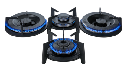 Four gas burners glowing with blue flames, set against a black background, providing intense heat