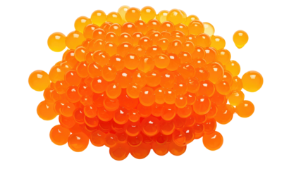 Heap of small, round, glossy, orange-red fish roe isolated against a transparent black background