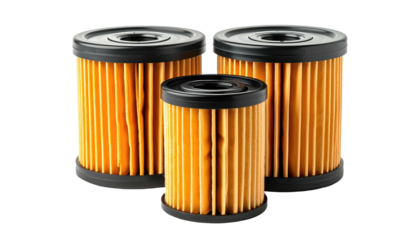 Three orange and black cylindrical filters of varying sizes, arranged against a black background