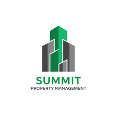 Stylized green & gray building graphic with text beneath, conveying an upward movement idea