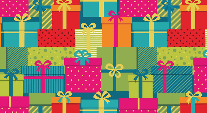 Festive arrangement of colorful gift boxes wrapped in patterned paper with ribbons, perfect for holiday celebrations and special occasions
