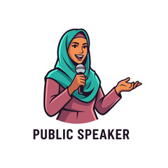 Fototapeta premium Illustration of a woman in a hijab holding a microphone, presenting with expressive gestures