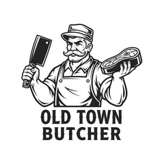 Vintage-style butcher illustration holding meat and cleaver, wears an apron and hat