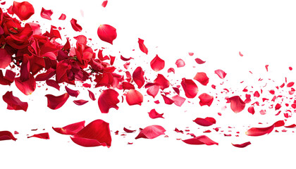 A scattering of red rose petals fading against a stark black background, creating a romantic, blurred effect
