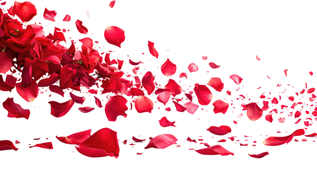 A scattering of red rose petals fading against a stark black background, creating a romantic, blurred effect