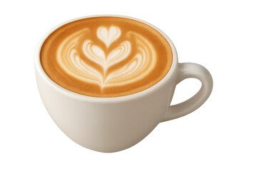 Latte art coffee cup showing rosetta heart design