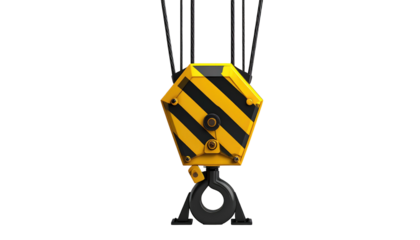 A vibrant yellow and black striped crane hook hangs against a pure black background, attached with thick black cables