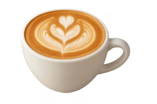 Latte art coffee cup showing rosetta heart design