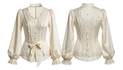 Creamy long-sleeved blouse with lace trim, a cinched waist and a tie. Front and back view on black background