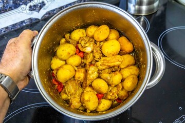 Traditional Brazilian dish of rice, chicken, and pequi (Brazilian caryocar), known as Goiana chicken stew.