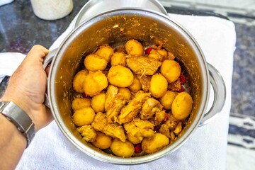 Traditional Brazilian dish of rice, chicken, and pequi (Brazilian caryocar), known as Goiana chicken stew.