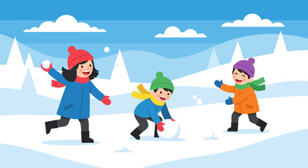 Fototapeta premium Children Having a Snowball Fight in a Winter Landscape