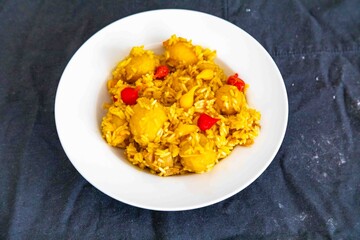 Traditional Brazilian dish of rice, chicken, and pequi (Brazilian caryocar), known as Goiana chicken stew.