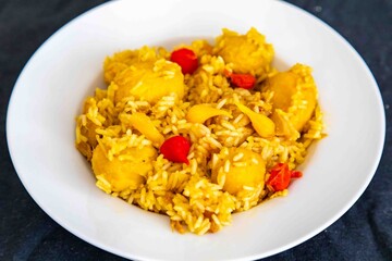 Traditional Brazilian dish of rice, chicken, and pequi (Brazilian caryocar), known as Goiana chicken stew.
