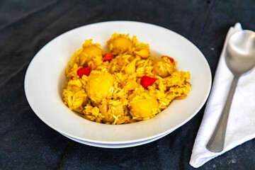 Traditional Brazilian dish of rice, chicken, and pequi (Brazilian caryocar), known as Goiana chicken stew.