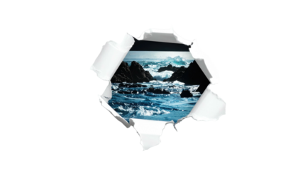 Ocean view through torn white paper, turbulent turquoise waves crashing against dark jagged rocks, black background