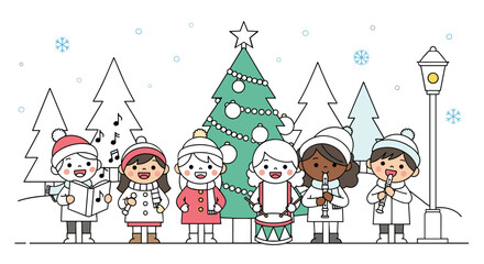 Fototapeta premium Diverse Children Caroling and Playing Instruments by a Christmas Tree Coloring version