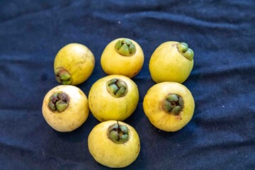 Yellow rose apple or white rose apple, Syzygium jambos. Native to Southeast Asia, this species belongs to the Myrtaceae family, a wild fruit with a rose petal flavor and aroma.