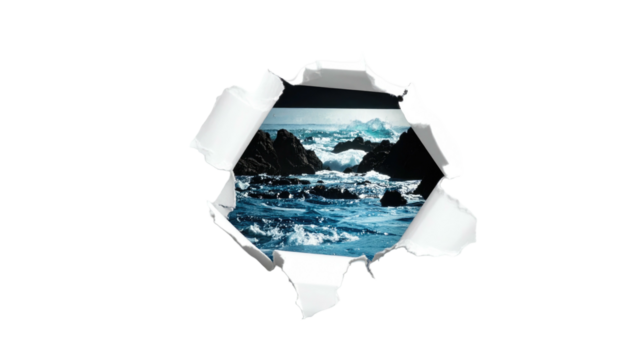 Ocean view through torn white paper, turbulent turquoise waves crashing against dark jagged rocks, black background