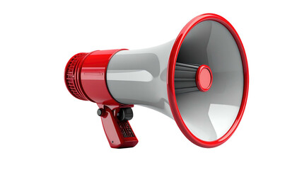 Red and white megaphone with detailed grooves and texture, floating in front of a stark black background
