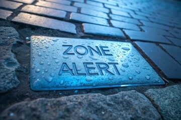 A metal plate engraved ZONE ALERT resting on stone