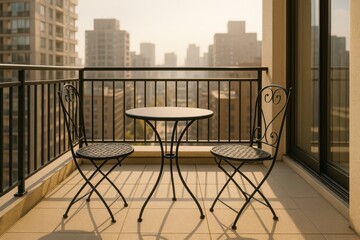 Iron bistro set poised on a sunlit balcony offering a serene escape above the city bustle