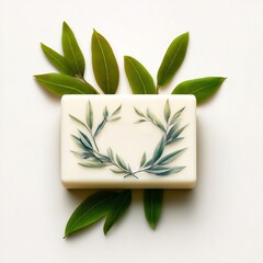Creative imagination concept - Natural Organic Soap Bar with Green Leaves on White Background - conceptual artwork