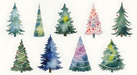 A collection of nine different stylized Christmas trees painted in a watercolor style on a white background.