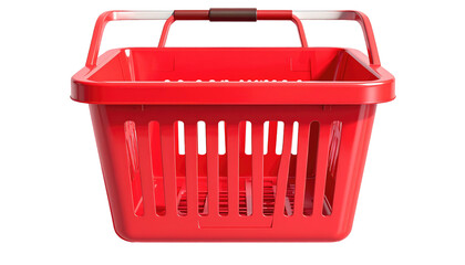 Front-facing view of empty, bright red shopping basket on black background with clear handles, indoor lighting