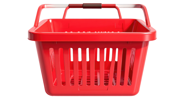 Front-facing view of empty, bright red shopping basket on black background with clear handles, indoor lighting