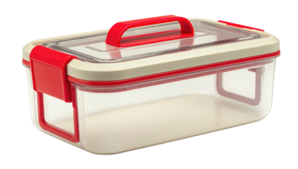 Rectangular storage container with clear body, beige trim and red accents, including handle, containing a solid white substance