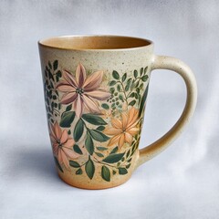 Philosophical visual metaphor - Handcrafted Ceramic Mug with Floral Design on Beige Background - creative concept