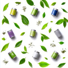 Symbolic emotional design - Organic Herbal Tea and Green Leaves Arrangement on White Background - creative concept