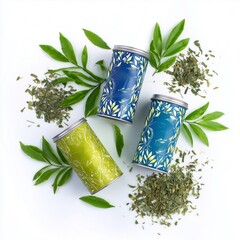 Creative imagination concept - Herbal Tea Packaging with Leafy Design and Loose Tea Leaves - symbolic design