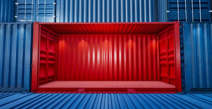 stacked blue and red shipping containers, Empty red cargo container without side wall.