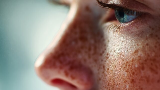 Freckled Close-Up of a Young Persons Face Highlighting Blue Eyes and Textured Skin