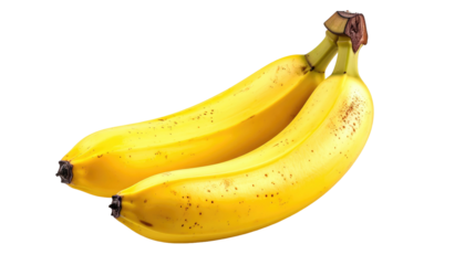 Ripe bananas Two connected, curved, yellow fruits with brown spots on a plain black background