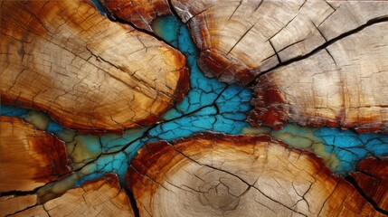 Artistic Wood Slab With Turquoise Resin Inlay Showcasing Natural Textures and Colors