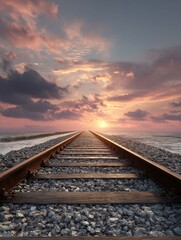 Fototapeta premium railway track leading to horizon in the sunset