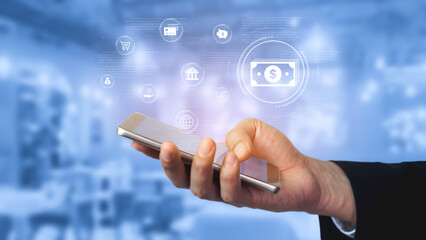 A fintech concept showing a network of digital banking services. This includes secure online payments, global transactions, and e-commerce for the modern financial system. Fermion